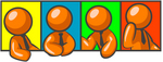 Clip Art Graphic of an Orange Guy Character In A Business Tie, Shown In Four Different Poses