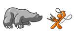 Clip Art Graphic of an Orange Guy Character Fighting Off A Bear With A Stool And Whip