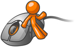 Clip Art Graphic of an Orange Guy Character Waving And Leaning Against A Computer Mouse