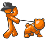 Clip Art Graphic of an Orange Guy Character Holding Onto His Hat And Walking His Strong Bulldog