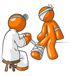 Clip Art Graphic of an Orange Guy Character Getting His Injuries Bandaged By A Doctor