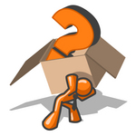 Clip Art Graphic of an Orange Guy Character Carrying A Heavy Box With A Question Mark