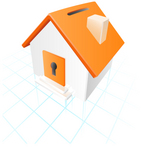 Clip Art Graphic of an orange and white home with a coin slot roof and keyhole dor, on top of a grid