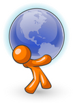 Clip Art Graphic of an Orange Guy Character Carrying A Heavy Blue Globe
