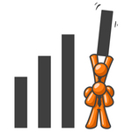 Clip Art Graphic of an Orange Guy Character Lifting His Business Partner To Hold Up The Tallest Line On A Bar Graph