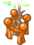 Clip Art Graphic of Orange Guy Characters Holding Hands And Circling A Tree