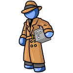 Clip Art Graphic of a Blue Guy Character Detective Carrying A Box