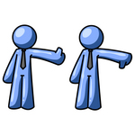 Clip Art Graphic of a Blue Guy Character Giving The Thumbs Up And Thumbs Down