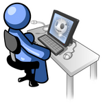 Clip Art Graphic of a Blue Guy Character Researching Skulls On A Computer
