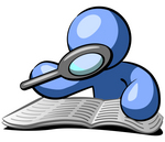 Clip Art Graphic of a Blue Guy Character Researching A Book With A Magnifying Glass