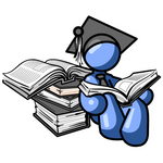 Clip Art Graphic of a Blue Guy Character In A Graduation Cap, Reading A Book