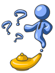 Clip Art Graphic of a Blue Genie Guy Character Emerging From A Golden Lamp With Three Available Wishes For His Master