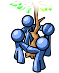 Clip Art Graphic of Blue Guy Characters Holding Hands Around A Tree