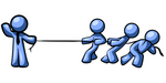 Clip Art Graphic of a Blue Guy Character Waving While Holding One End Of A Rope And Competing In A Tug Of War Contest With Three Other People