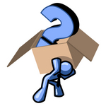 Clip Art Graphic of a Blue Guy Character Carrying A Question Mark In A Heavy Box