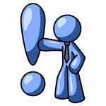 Clip Art Graphic of a Blue Guy Character Leaning Against Or Punching An Exclamation Point