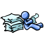 Clip Art Graphic of a Blue Guy Character Reading A Stack Of Papers