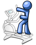Clip Art Graphic of a Blue Guy Character Working Out On An Eliptical Trainer