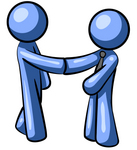 Clip Art Graphic of a Blue Guy Character Shaking Hands With A Client