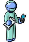 Clip Art Graphic of a Blue Guy Character Doctor Holding A Cell Phone And Clipboard