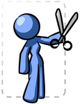 Clip Art Graphic of a Blue Woman Character Cutting Out A Coupon