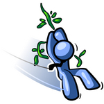Clip Art Graphic of a Blue Guy Character Swinging On A Vine Like Tarzan