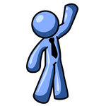 Clip Art Graphic of a Blue Guy Character Wearing A Business Tie And Waving