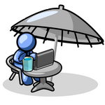 Clip Art Graphic of a Blue Guy Character Drinking A Beverage And Using A Laptop While Traveling