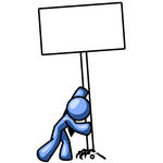 Clip Art Graphic of a Blue Guy Character Putting A Blank Sign In The Ground