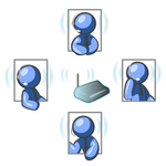 Clip Art Graphic of Blue Guy Characters In Four Poses, Holding A Meeting With Headsets