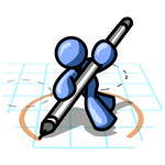 Clip Art Graphic of a Blue Guy Character On Graph Paper, Drawing A Circle