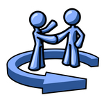 Clip Art Graphic of a Blue Guy Character Shaking Hands With A Client In The Center Of An Arrow