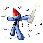 Clip Art Graphic of a Blue Guy Character In A Party Hat, Getting Drunk At A New Year Or Birthday Party