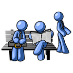 Clip Art Graphic of Blue Guy Characters Waiting At A Bus Stop Bench, Standing, Reading A Newspaper And Sitting