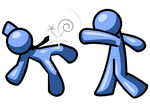 Clip Art Graphic of a Blue Guy Character Socking His Colleague