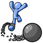 Clip Art Graphic of a Blue Guy Character Leaping Free From A Ball And Chain
