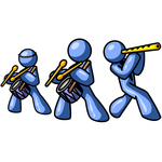 Clip Art Graphic of Blue Guy Characters Playing Drums And Flutes In A Band