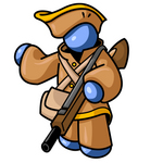 Clip Art Graphic of a Blue Guy Character In Historical Clothing, Holding A Rifle And Pointing