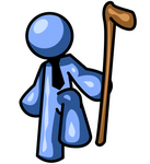 Clip Art Graphic of a Blue Guy Character Lifting His Foot And Holding A Cane