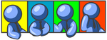 Clip Art Graphic of a Blue Guy Character In A Business Tie, Shown In Four Different Poses