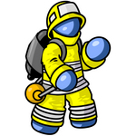 Clip Art Graphic of a Blue Guy Character Fireman Waving