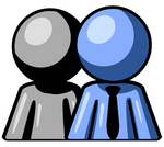Clip Art Graphic of a Blue Guy Character Standing In Front Of His Employee