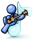 Clip Art Graphic of a Blue Guy Character Playing A Guitar On A Music Note