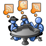 Clip Art Graphic of Blue Guy Characters On Laptops At A Table