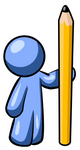 Clip Art Graphic of a Blue Guy Character Standing By A Pencil