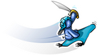 Clip Art Graphic of a Blue Guy Character With A Sword On A Magic Carpet