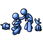 Clip Art Graphic of a Blue Guy Character With His Family And Pets
