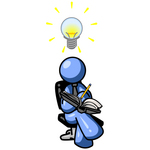 Clip Art Graphic of a Blue Guy Character Writing Ideas Down