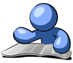 Clip Art Graphic of a Blue Guy Character Reading A Newspaper
