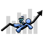 Clip Art Graphic of a Blue Guy Character On An Arrow, Drinking A Martini Over A Bar Graph